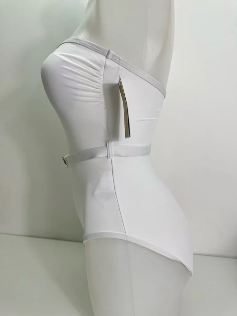 Michael Kors White Strapless One-Piece Swimsuit with Gold MK Ring Belt Sz 6 NWT